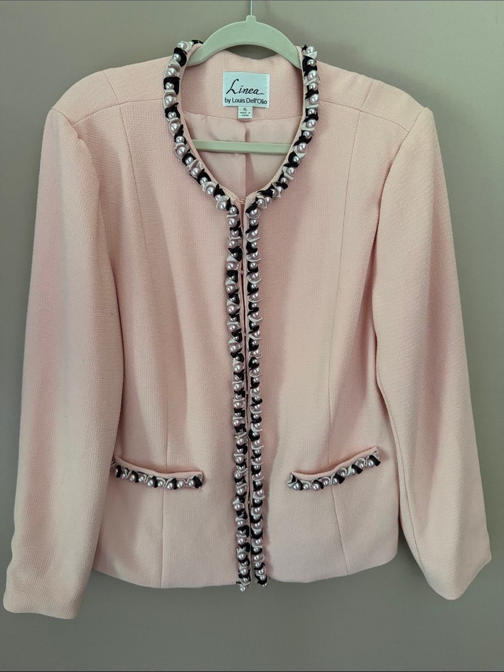 Linea by Louis Dell'Olio Pale Pink Pearl-Trim Collarless Blazer